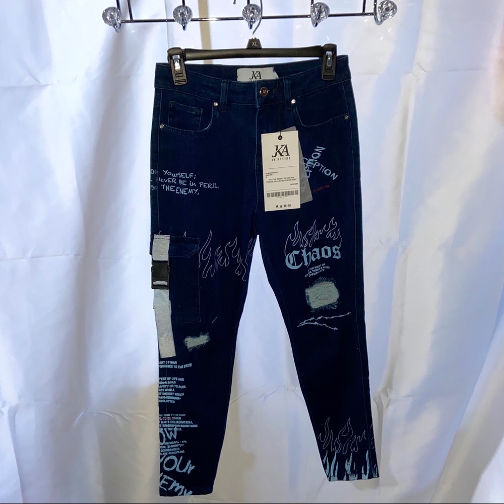 Skinny Graffiti High Waist Knee Rip Cargo Jeans